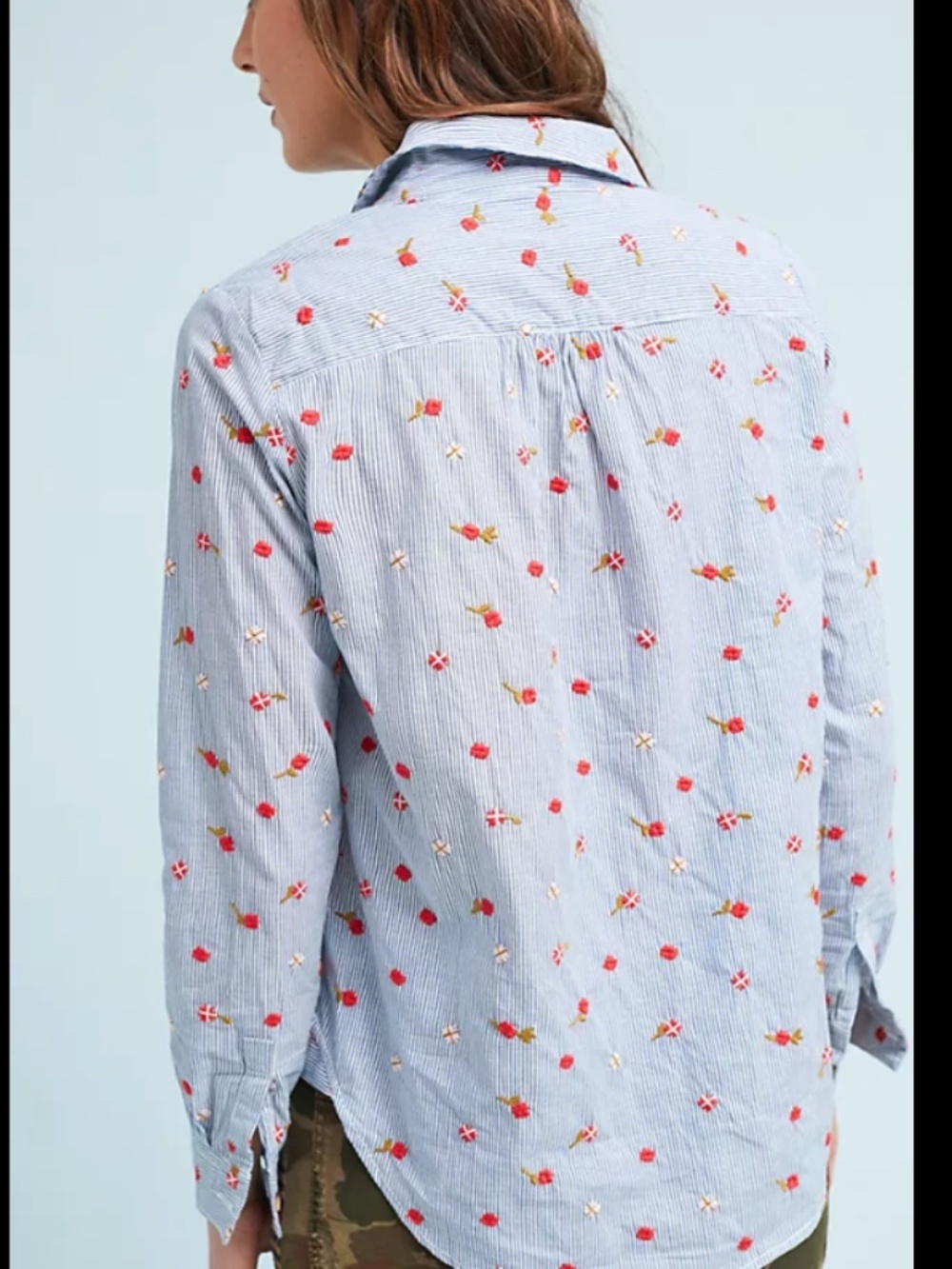 Anthropologie Embroidered Flower Button Down Blouse